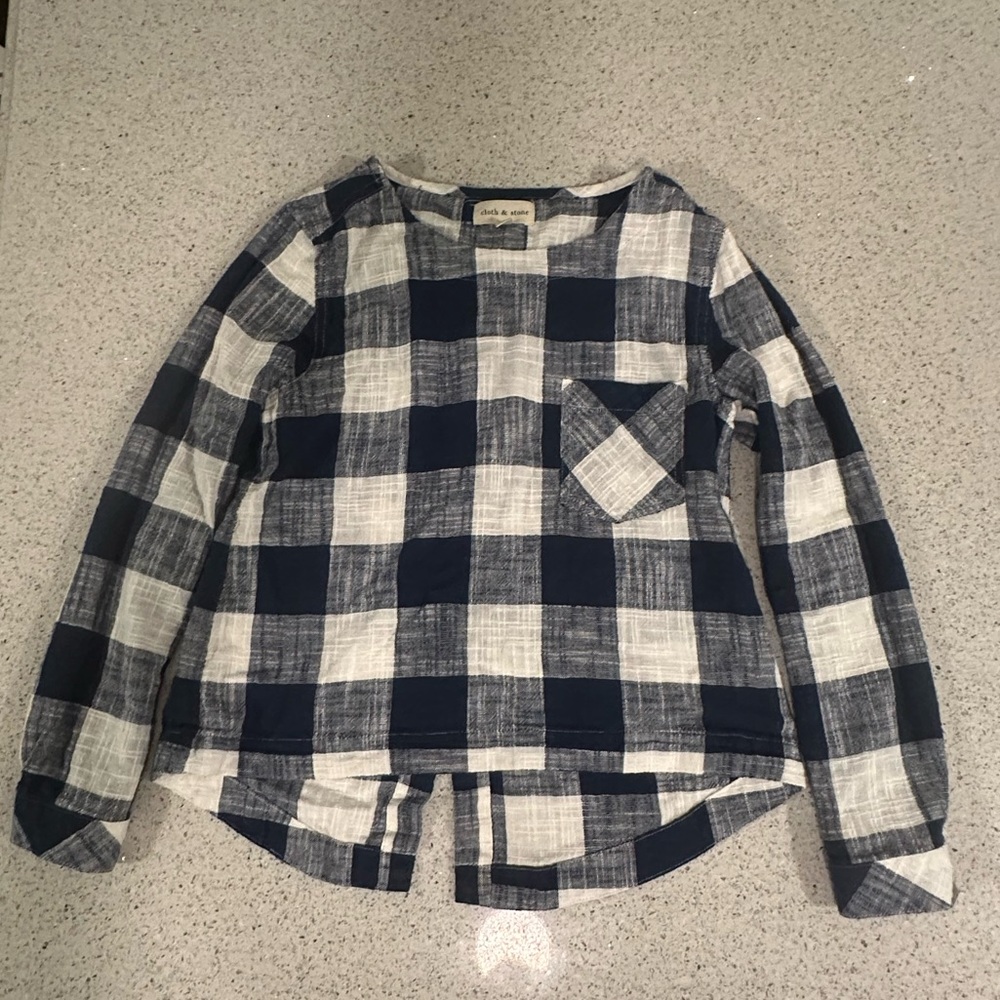Cloth & Stone Navy and White Checkered Button Back Blouse Shirt XS